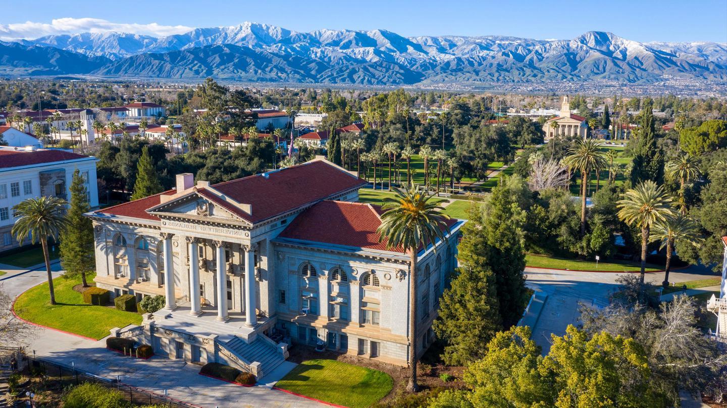 Aerial shot of the University of Redlands campus with Admin Building on bottom right.